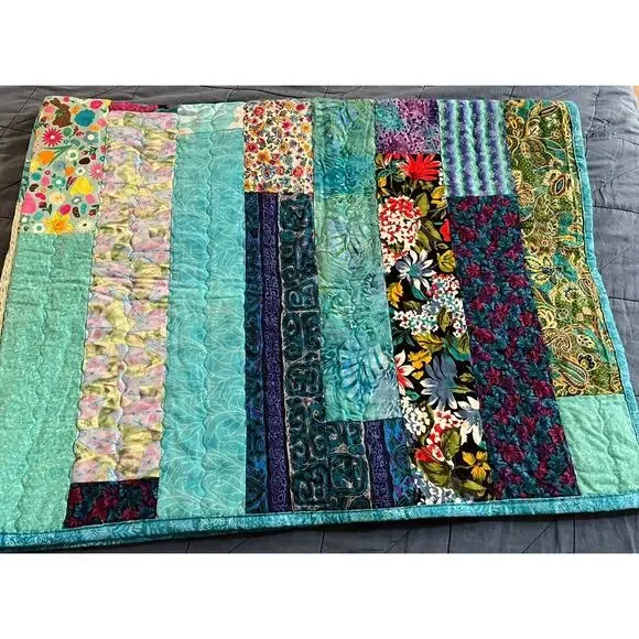 Handmade Batik Quilt, Blue purple teapots stripes floral grapes 47 x 63 Size
